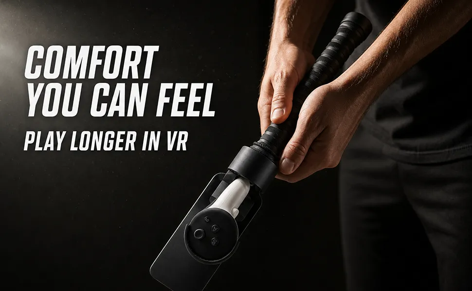 Meta Quest 3 user playing Irusu VR Cricket in a virtual stadium